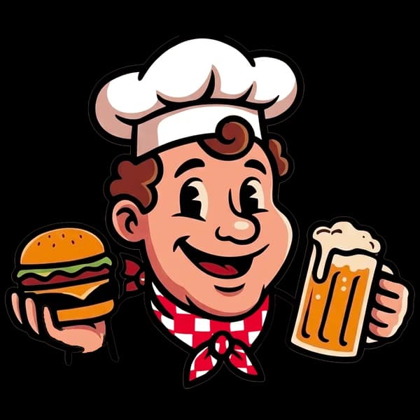 El chef mascota de The Crazy Gringo con una hamburguesa y una cerveza